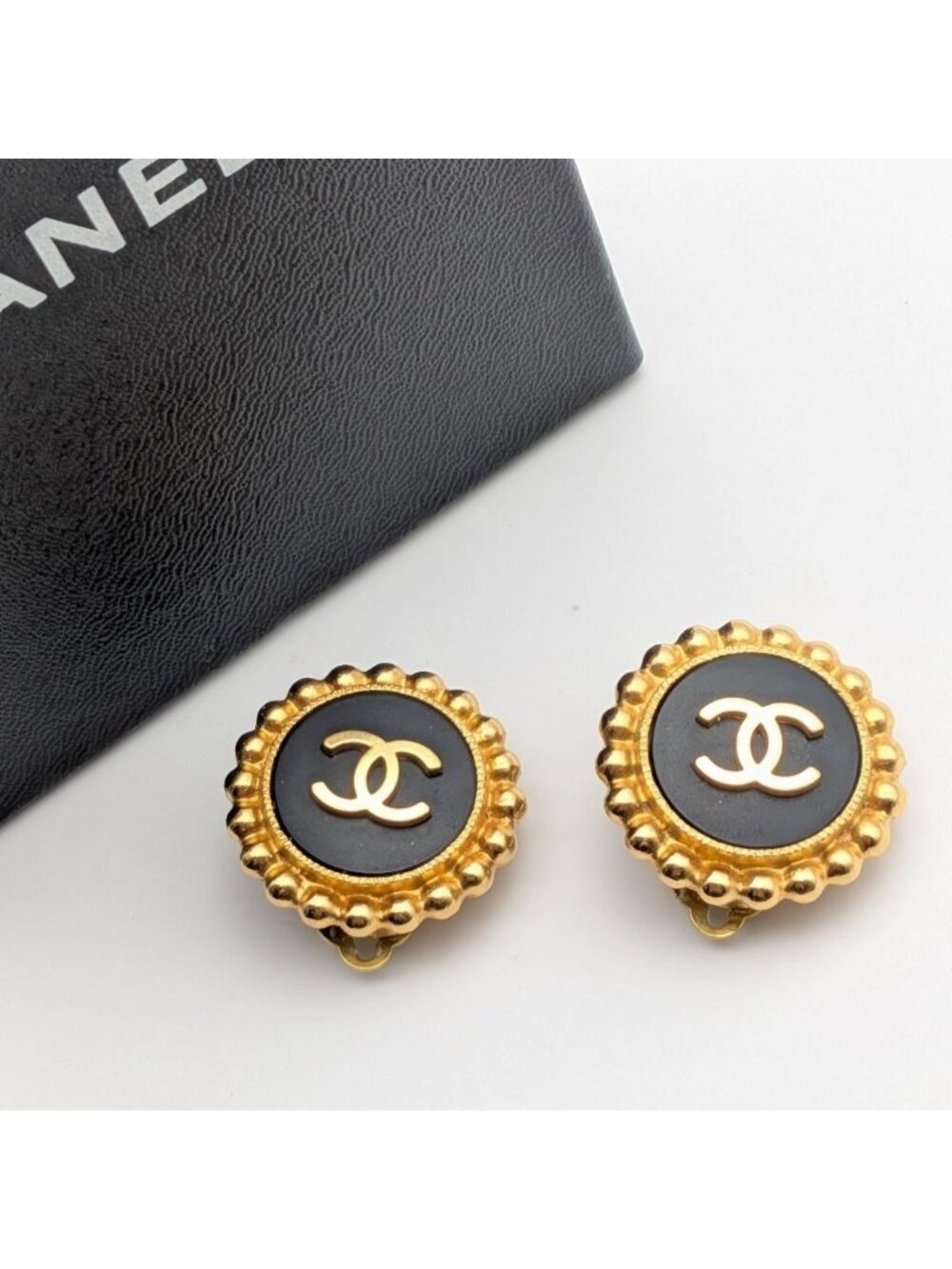 Chanel Earrings CC Logo Gold Black Vintage